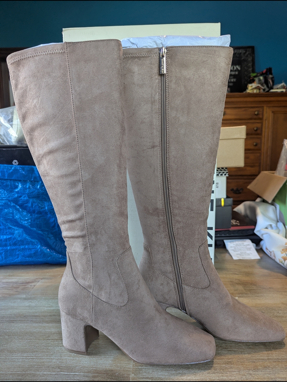 Anne Klein Taupe Suede Block Heel Boots
